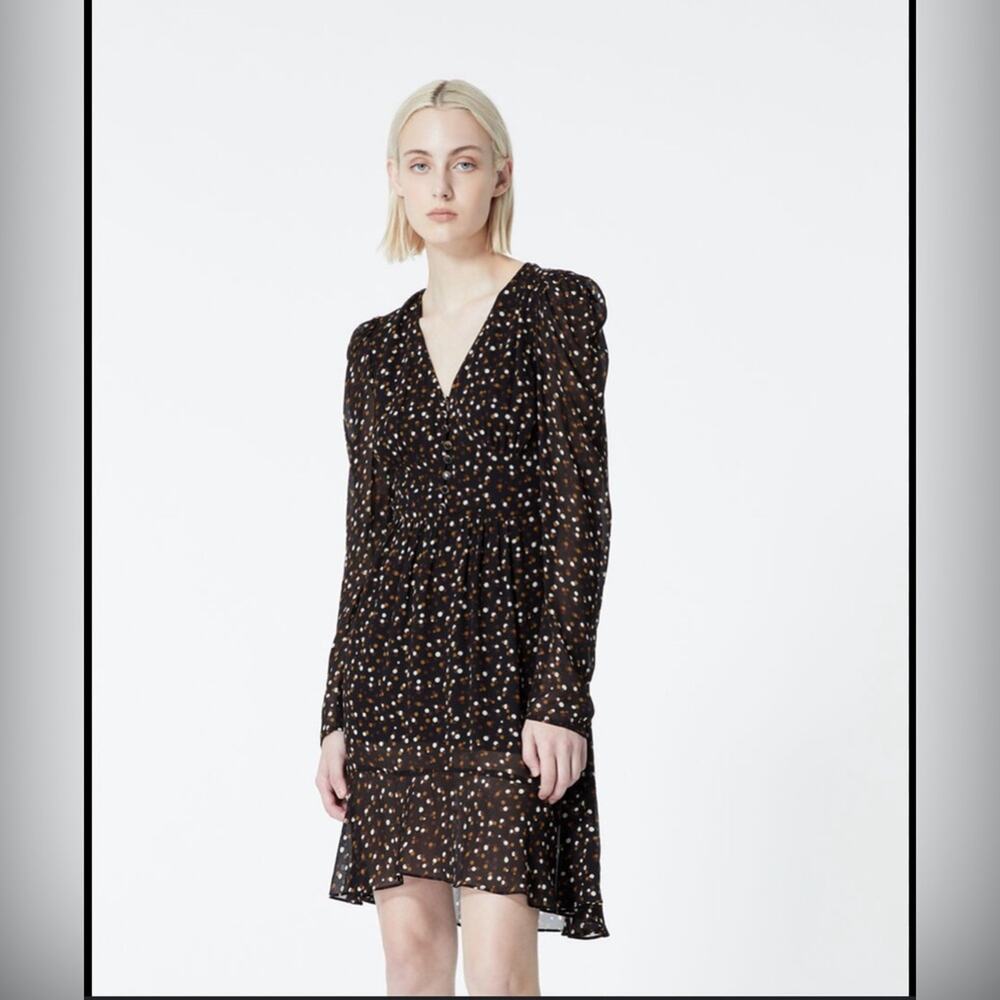 The Kooples Polka Dot Mini Dress Women Size 4 Black Brown Excellent Ruffle Hem